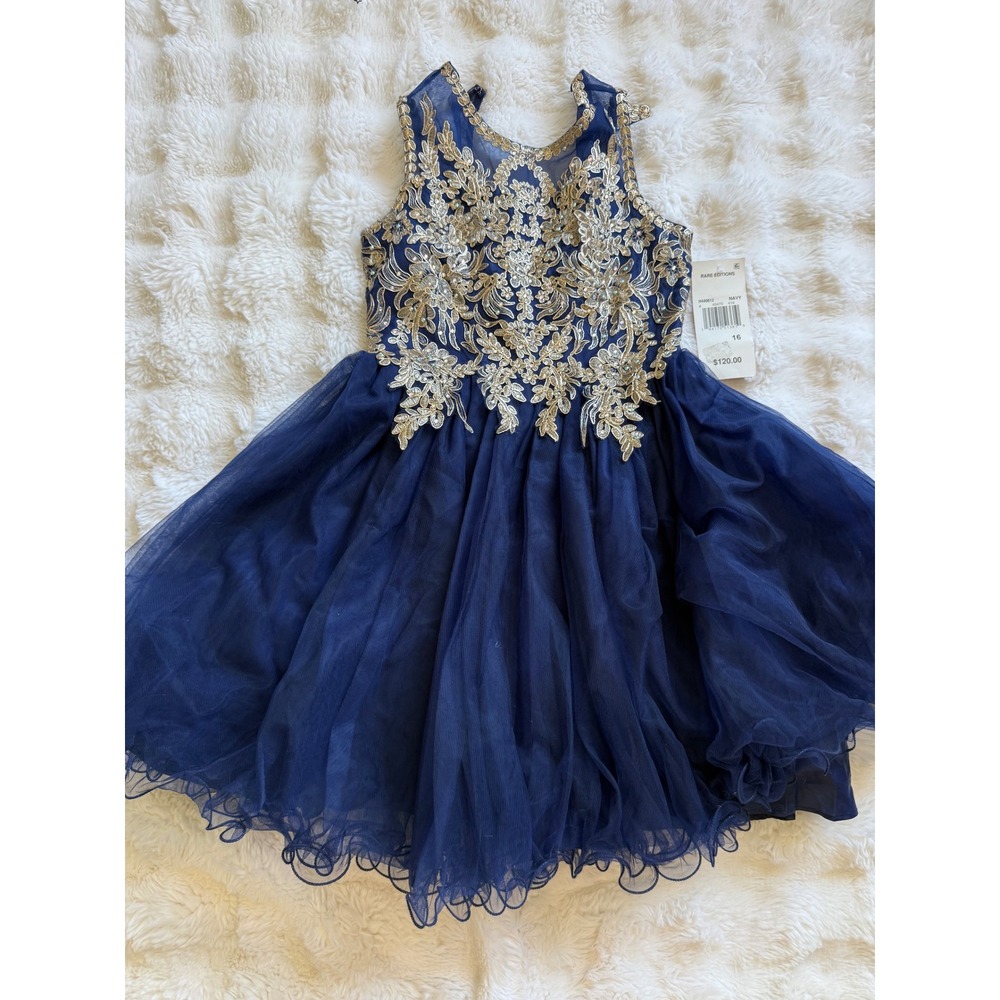 Rare Editions Girls Navy Blue Gold Embroidered Tulle Formal Dress Size 16 NWT